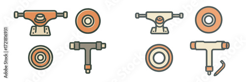 Different types of skateboard trucks and wheels displayed with simple designs and colors