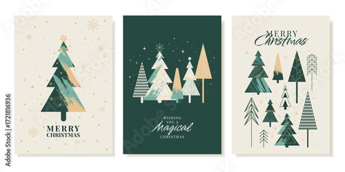 Christmas Greeting Card Templates With Christmas Trees in a minimalistic modern geometric style. vector