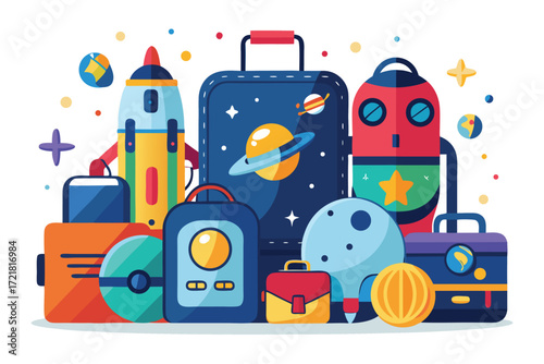 Colorful space travel themed luggage and accessories for young explorers in a vibrant design