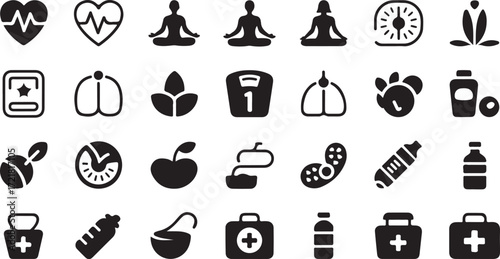 Collection of black health and wellness icons on white background medical fitness 1