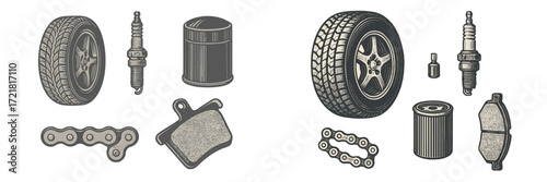 Detailed view of car parts essentials including tires, brake pads, spark plugs, oil filters, and chains for vehicle maintenance