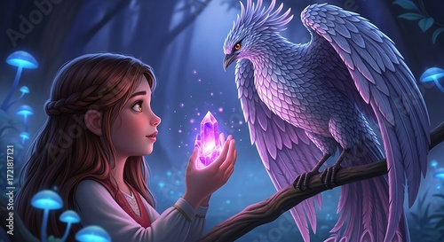 Girl and magical bird fantasy crystal mystical creature art digital painting