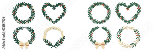 Various decorative wreaths in different shapes on a simple background for seasonal celebrations and home decor