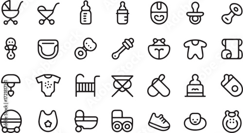 Collection of black line art baby care and infant items icons child