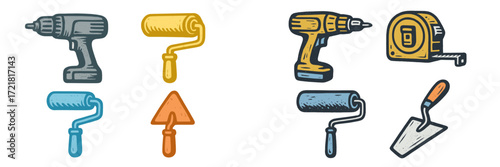 Collection of construction and painting tools in a vibrant and playful style on a simple background for creative projects and design use