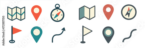 Navigation tools and symbols for exploring and map reading displayed in a clean graphic layout