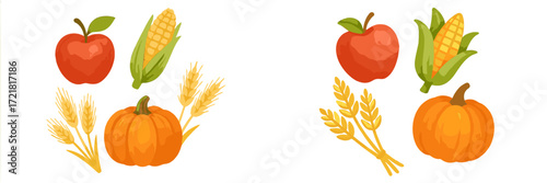 Colorful autumn harvest display featuring apples, corn, pumpkins, and wheat arranged in a cheerful layout