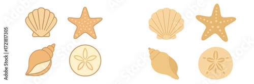 Colorful collection of sea shells and starfish on a white background showcasing ocean treasures