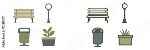 Urban park benches and street lamps surrounded by plants and trash bins create a peaceful community space for relaxation and nature enjoyment