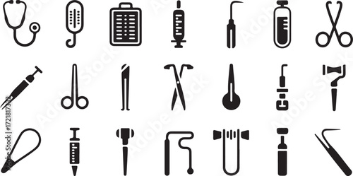 Collection of black medical and dental instruments on white background healthcare equipment