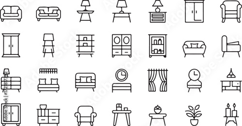 Collection of black line art icons representing furniture and home decor items vector interior