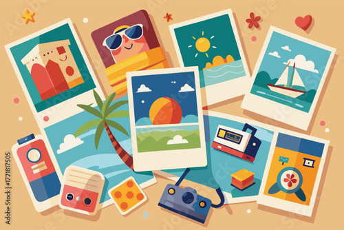 Colorful collection of summer vacation memories displayed on a light background
