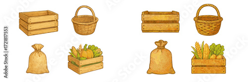 Various wooden baskets and crates filled with fresh produce displayed on a clean background
