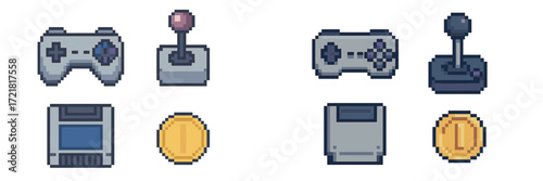 Pixel art collection of game controllers, coins, and retro gaming consoles in vibrant colors