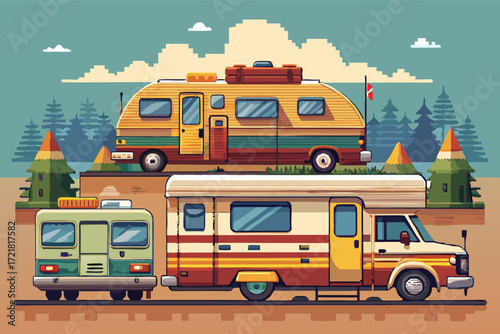 Vintage camper vans parked in a serene landscape surrounded by trees and mountains