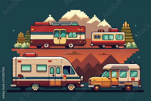Vintage campers on a scenic landscape with mountains and trees in the background