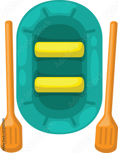 A teal inflatable raft with two yellow seats and two orange paddles