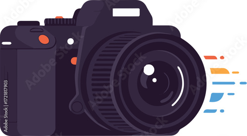 Stylized vector art of a professional camera with colorful abstract lines, depicting the art of digital photography and high-speed shooting