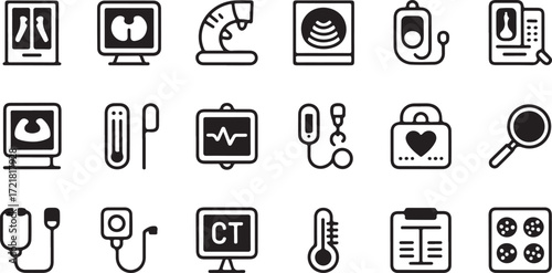 Medical Diagnostic Equipment and Healthcare Icons Black and White Line Art vector