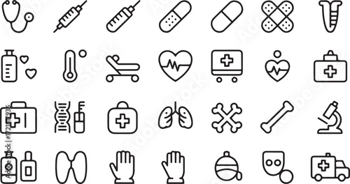 Medical and healthcare icons including stethoscope syringe pills bandages thermometer heart monitor D N A microscope and ambulance