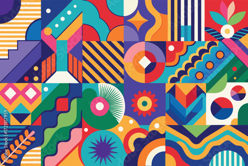 Colorful abstract geometric pattern showcasing vibrant shapes and designs in a lively arrangement