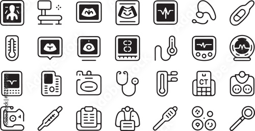 Medical equipment icons including ultrasound thermometer E K G and C T scan healthcare
