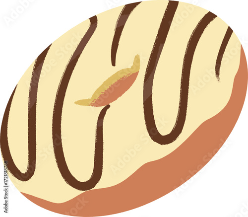 A stylized ovalshaped donut with tan icing and chocolate drizzle