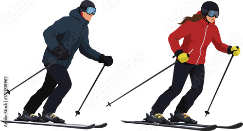 Active Skiing Couple in Winter Gear, Man and Woman Skiing Downhill with Ski Poles, Winter Sports Illustration.