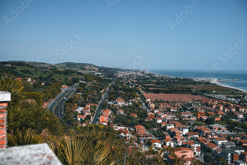 Aerial View of Adriatic Highway Dividing Hills and Sea, Marche Region
