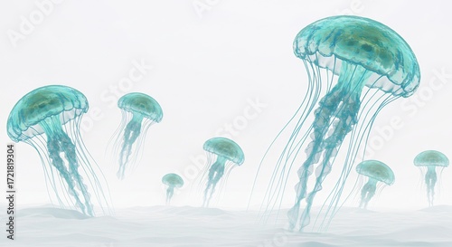 幻想的な青緑クラゲ群れ 柔らかな光漂う深海 (Gensou teki ao midori kurage mure yawarakana hikari tadayou shinkai) This translates roughly to: 