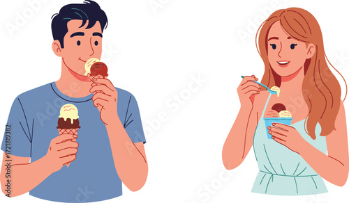 Cartoon Dessert Icons Featuring Man with Cone and Woman with Bowl, Colorful Scoops, Sweet Mood, and Summer Treat Theme