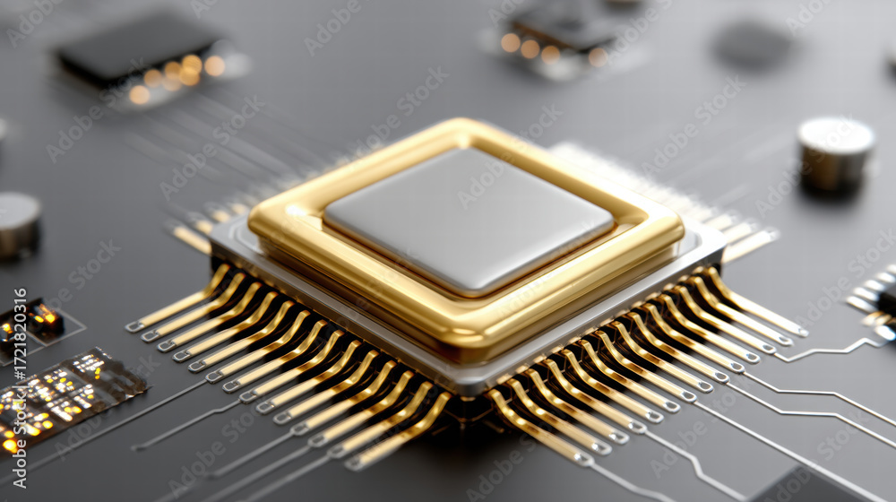 Fototapeta premium Microchip processor gold metallic technology circuit closeup electronic component macro futuristic innovation