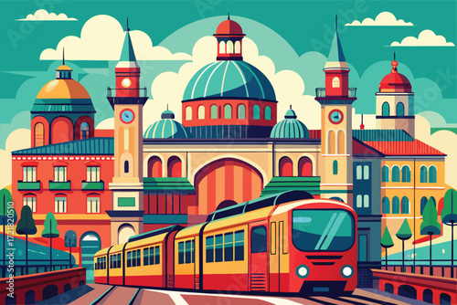 Vibrant train traveling through a colorful cityscape with historic architecture in the background