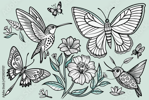 Colorful illustration of birds and butterflies among flowers on a soft background