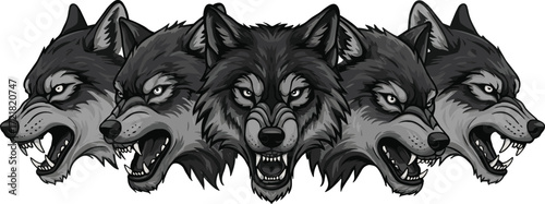 Angry wolf heads illustration, fierce wild animal vector art, growling wolves, black and gray tattoo style design, predator artwork