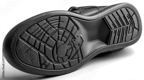 Detailed view of a black shoe sole showcasing intricate tread pattern and design for enhanced traction and durability