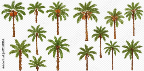 A collection of various illustrated tropical palm trees with green fronds, some bearing coconuts, on a transparent background.