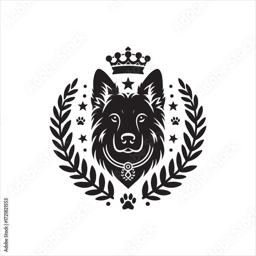 Regal German Shepherd Head with Crown Laurel Wreath Stars and Paw Prints.