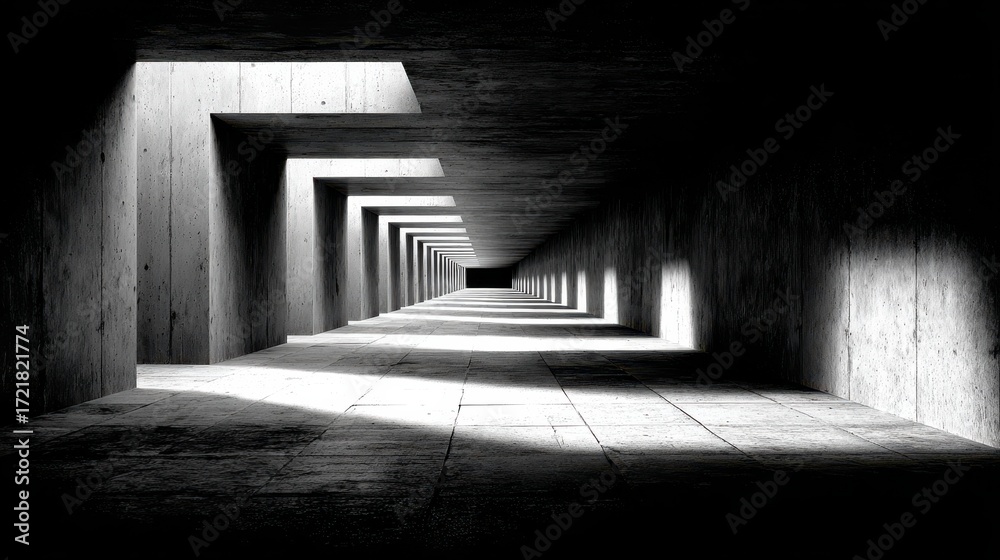 Fototapeta premium Dark Concrete Tunnel with Dramatic Light and Shadow Patterns architecture