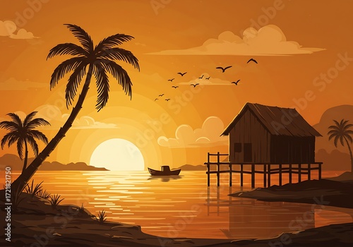 Tranquil Tropical Sunset with Palm Tree, Beach Hut, and Sailing Boat