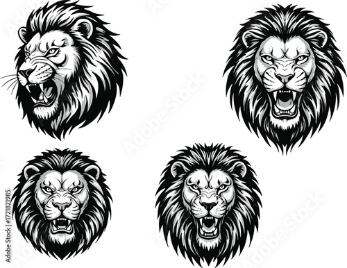 Roaring lion head illustrations, aggressive lion face vector, black and white tattoo style, wild animal artwork for designs