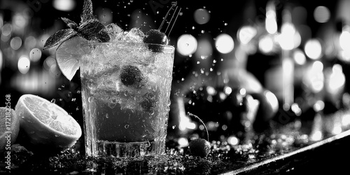 Refreshing cocktail splashing on a busy bar counter