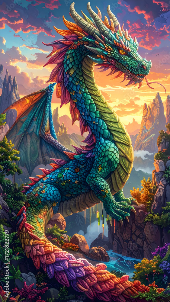 Fototapeta premium Majestic Rainbow Dragon Perched on a Mountain Cliff at Sunset.