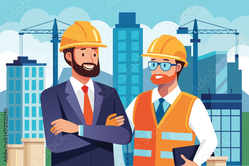 Construction site meeting between two construction managers wearing hard hats with cranes in the background