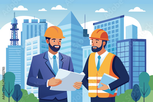 Construction professionals discuss project plans in a modern city during a sunny day