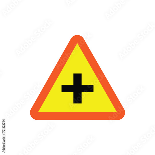 A vector illustration of a cross sign on a yellow background, representing a warning at a crossroad on the highway. 