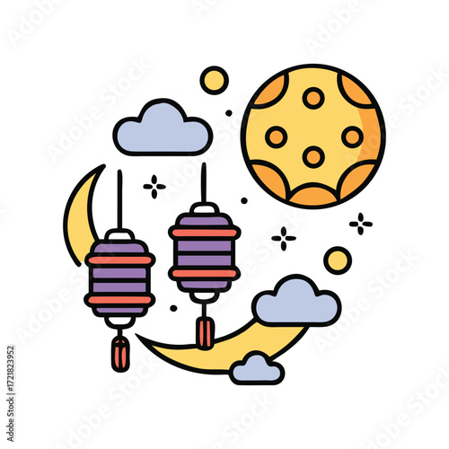 Mid autumn festival moon lanterns clouds festive celebration asian tradition night sky