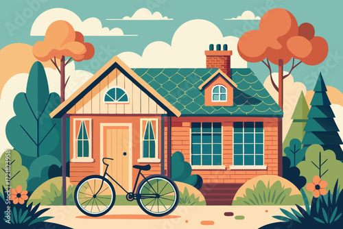 Charming house surrounded by trees and flowers with a bicycle parked outside on a sunny day