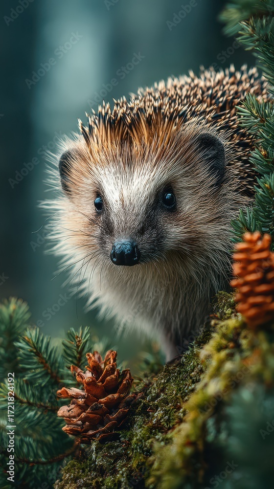 Fototapeta premium Hedgehog exploring a forest with pinecones nearby