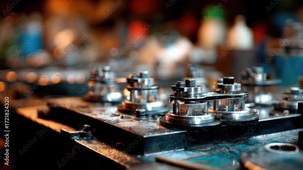 Obraz premium Medium shot capturing the precision of engine component adjustments with the busy workshop environment faded into the background.